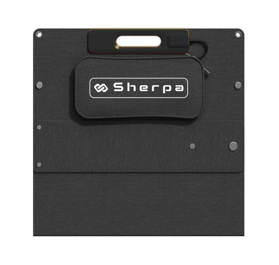 Folded portable solar panel, featuring the cable pouch with sherpa branding on slate grey material on white background