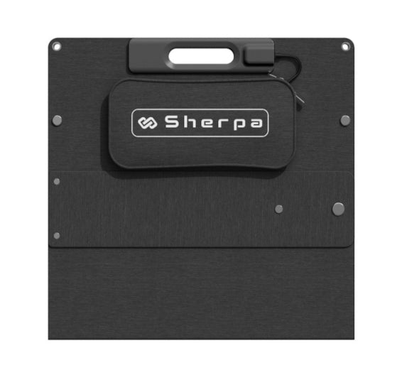 Folded portable solar panel, featuring the cable pouch with sherpa branding on slate-grey fabric on white background